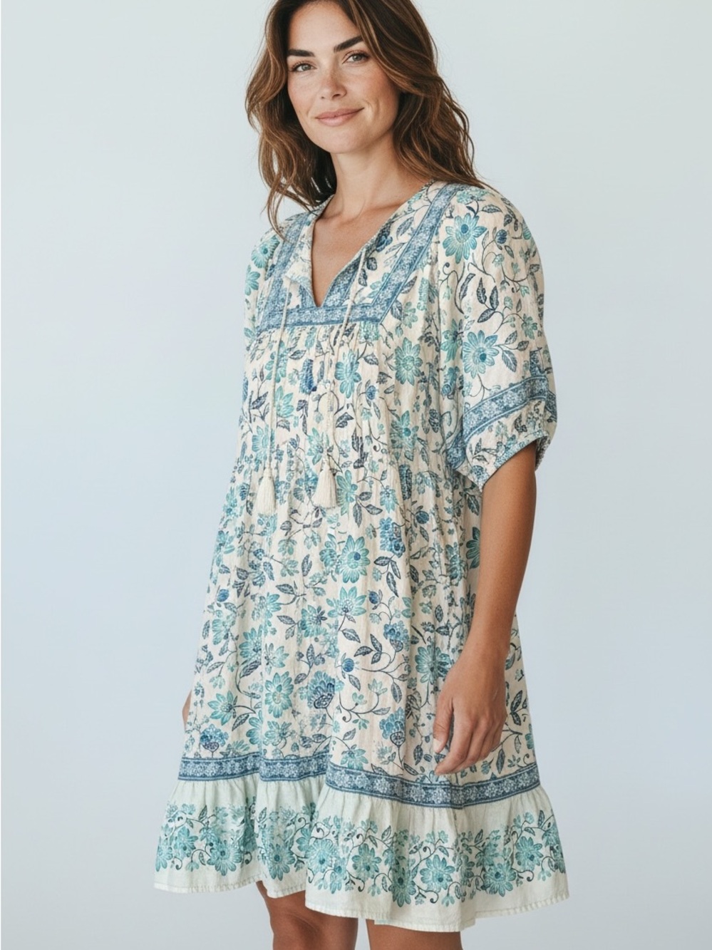 192 Old Navy Blue Floral Cream Babydoll Mini Dress